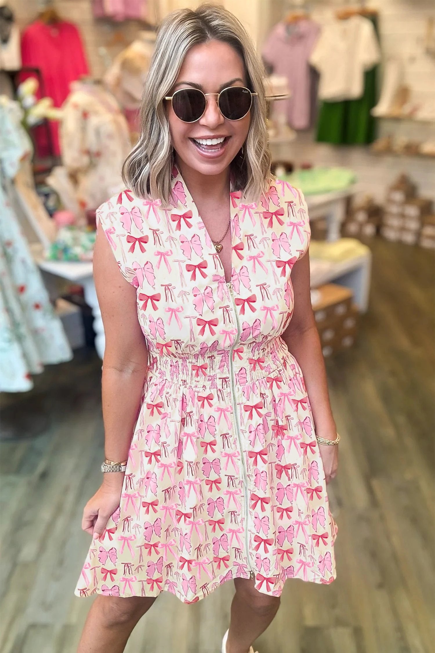 pink full zip cinched waist sleeveless bow mini dress for women casual everyday outfit