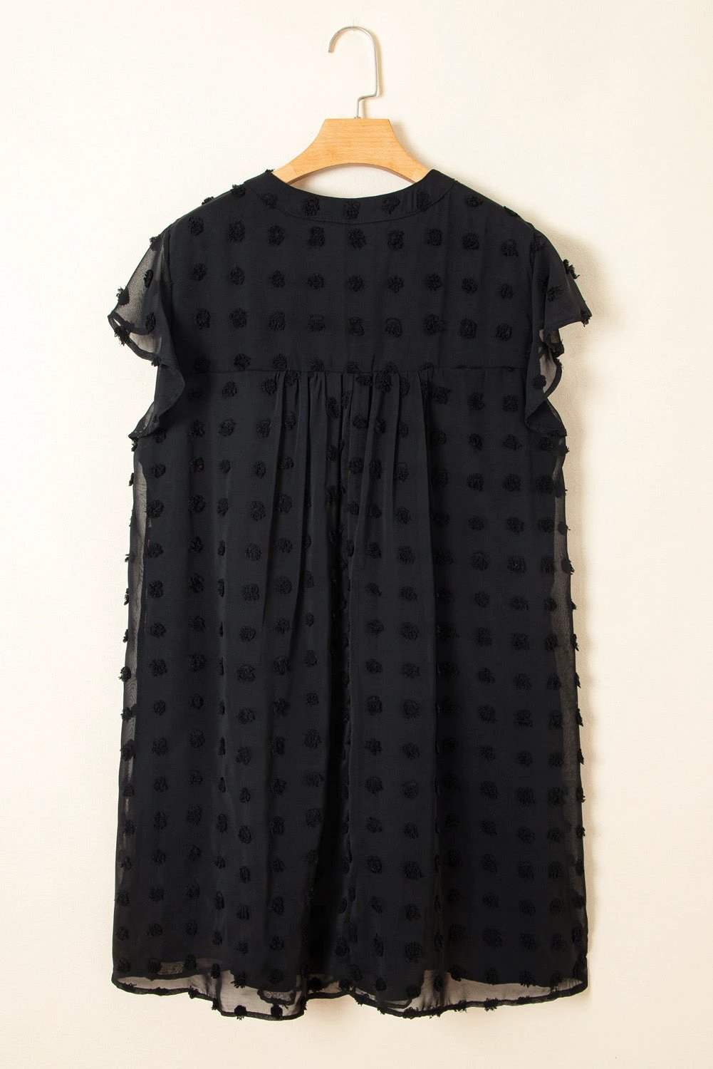 black dotty textured notched neck plus ruffled dress for women casual everyday outfit