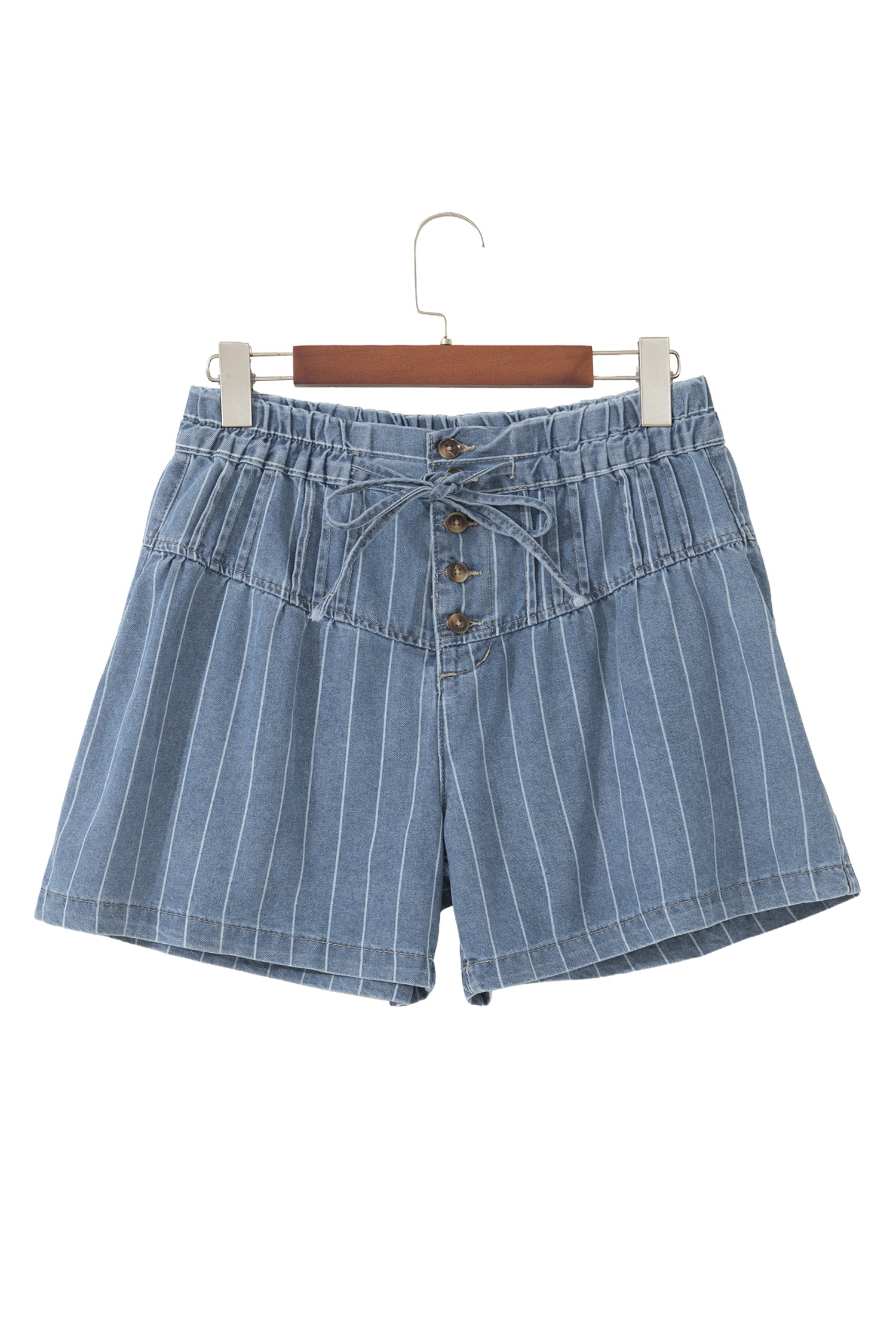 Stripe Drawstring Button Pleated High-Waisted Denim Shorts — women's everyday bottoms | J&H Apparel