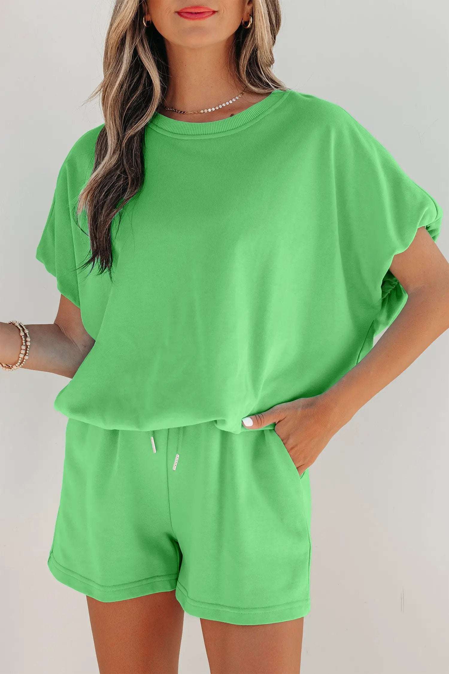 J&H Apparel Green Solid Color Puffy Loose Top Drawstring Shorts 2pcs Outfit - Outfit Sets Two Piece Sets/Short Sets