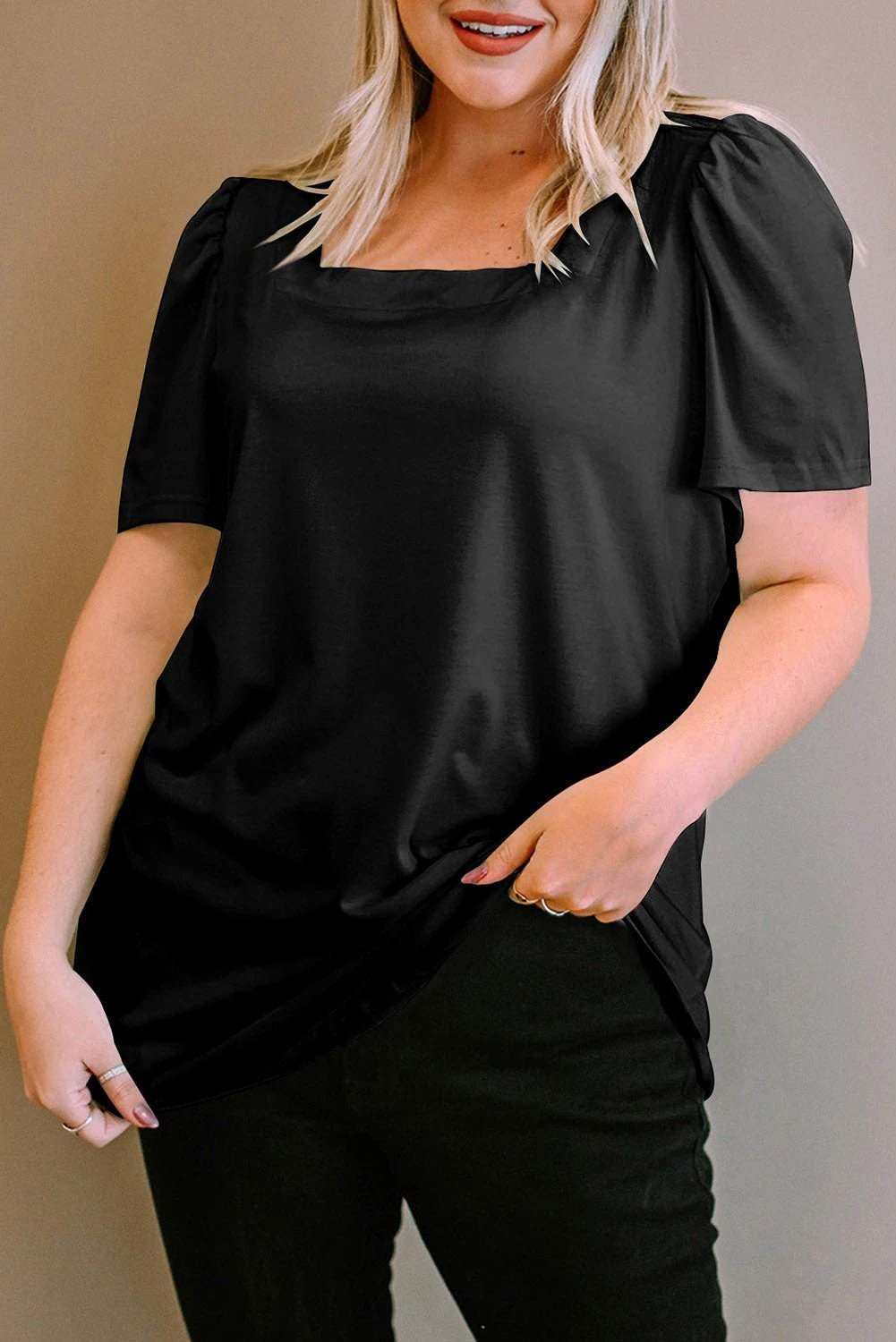 Dear-Lover Dropshipping Green Plus Size Square Neck Ruched Shoulder Short Sleeve Top - Plus Size/Plus Size Tops/Plus Size Tops & Tees