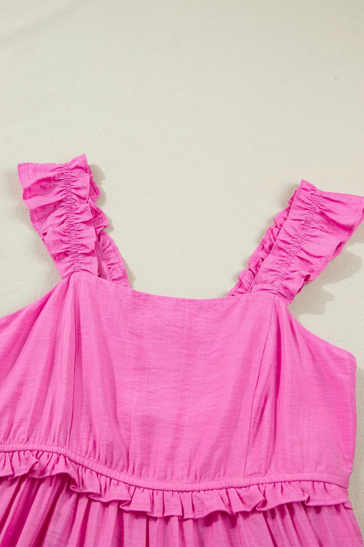 Pink ruffle trim high-waist sleeveless maxi dress from Southern Charm Bonbon solid color collection
