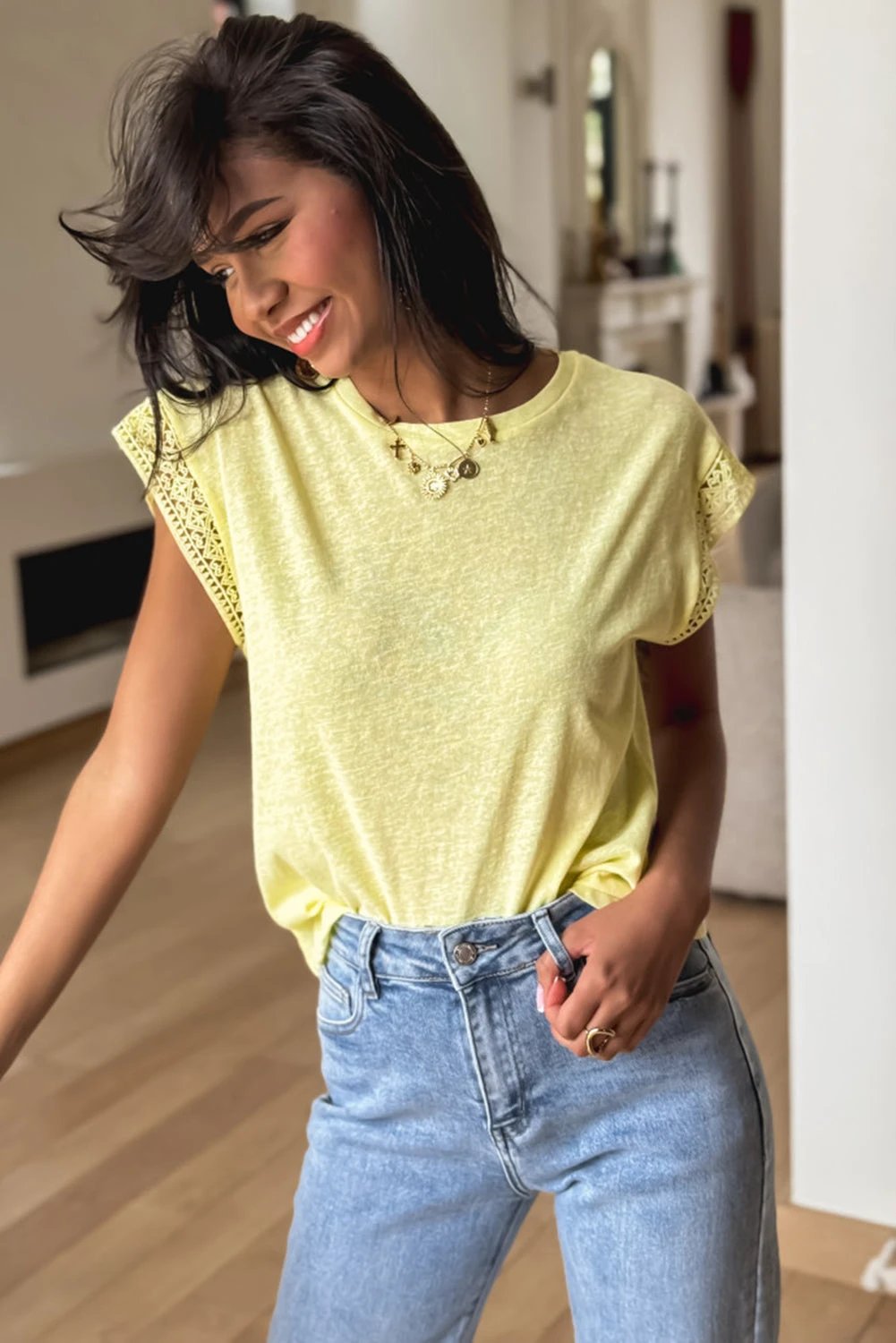 yellow cream lace patchwork cap sleeve round neck t shirt for women casual everyday outfit
