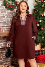 Plus size plaid trim patchwork collared shift mini dress with relaxed fit and stretch knit fabric