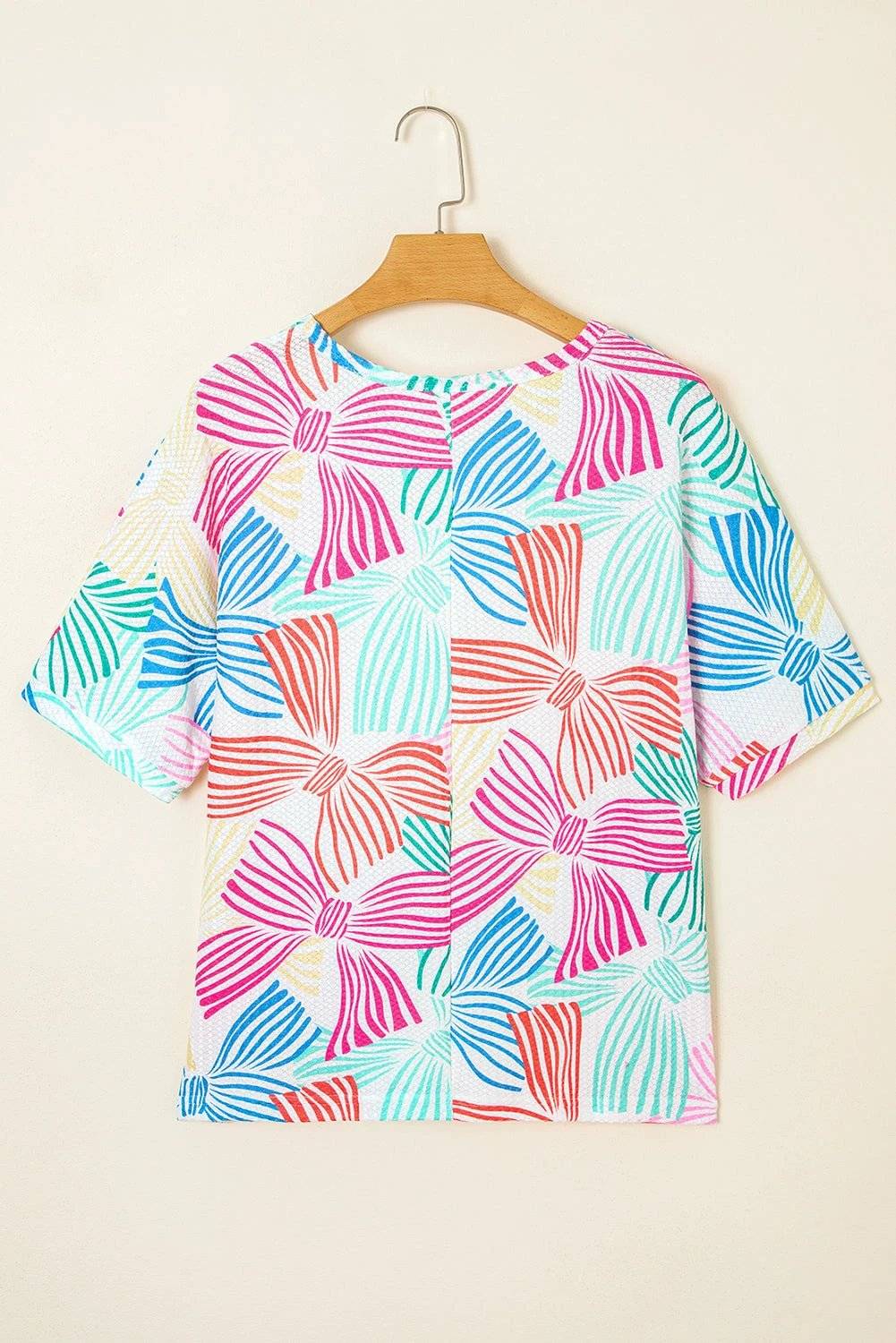 multicolour bowknot printed waffle crewneck loose short sleeve top for women casual everyday outfit