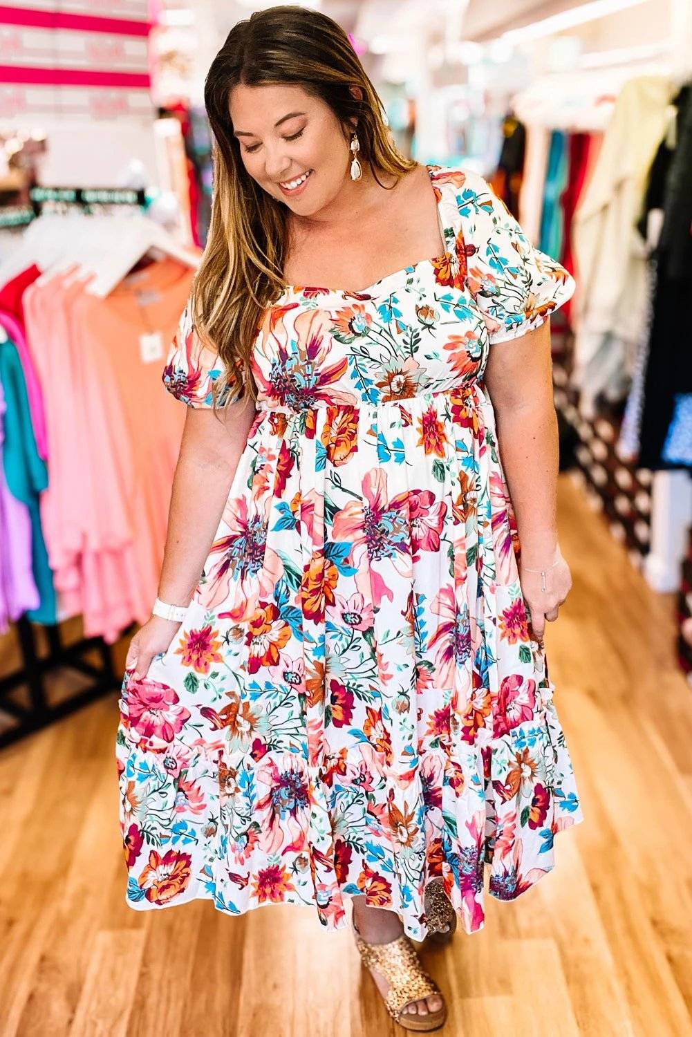 Plus size Sunday Ready floral midi dress with square neckline and puff sleeves on white background