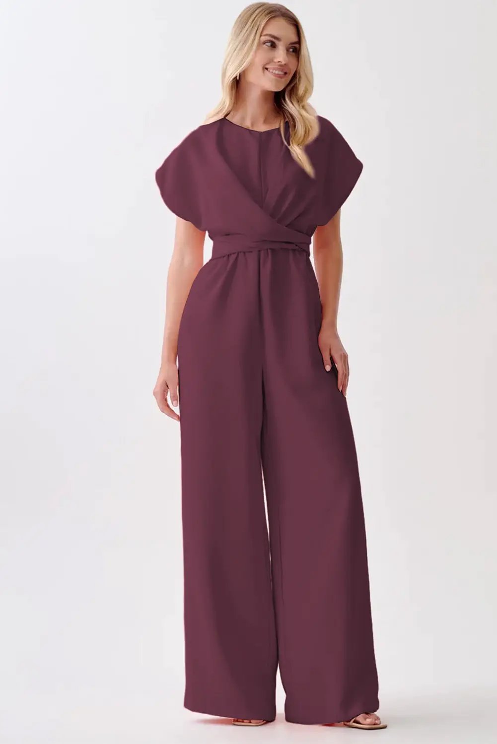 burgundy solid color cap sleeve knot waist shift jumpsuit for women casual everyday outfit