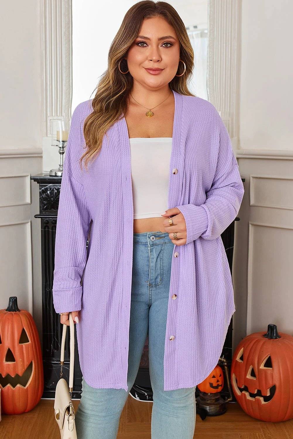 Lavender plus size waffle knit cardigan with button front and longline relaxed fit