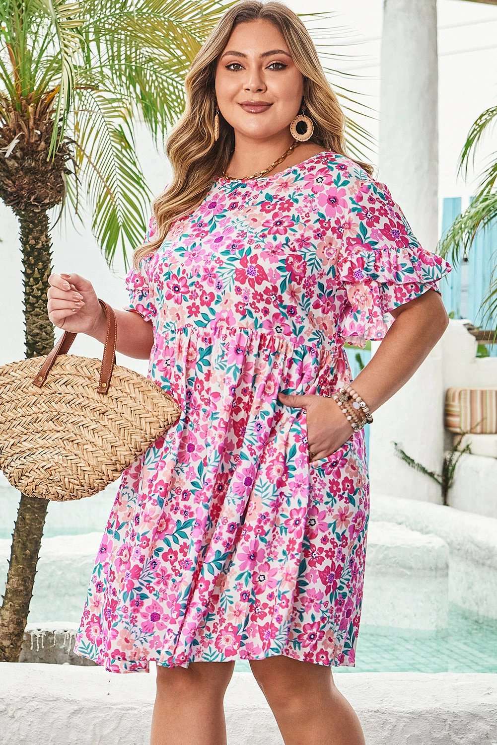 Plus Size Floral Dress with frilled short sleeves and flare silhouette