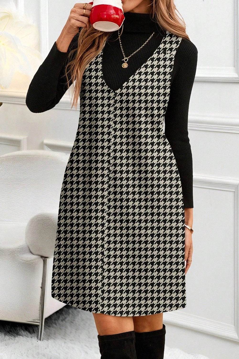  houndstooth shift mini dress for women casual everyday outfit