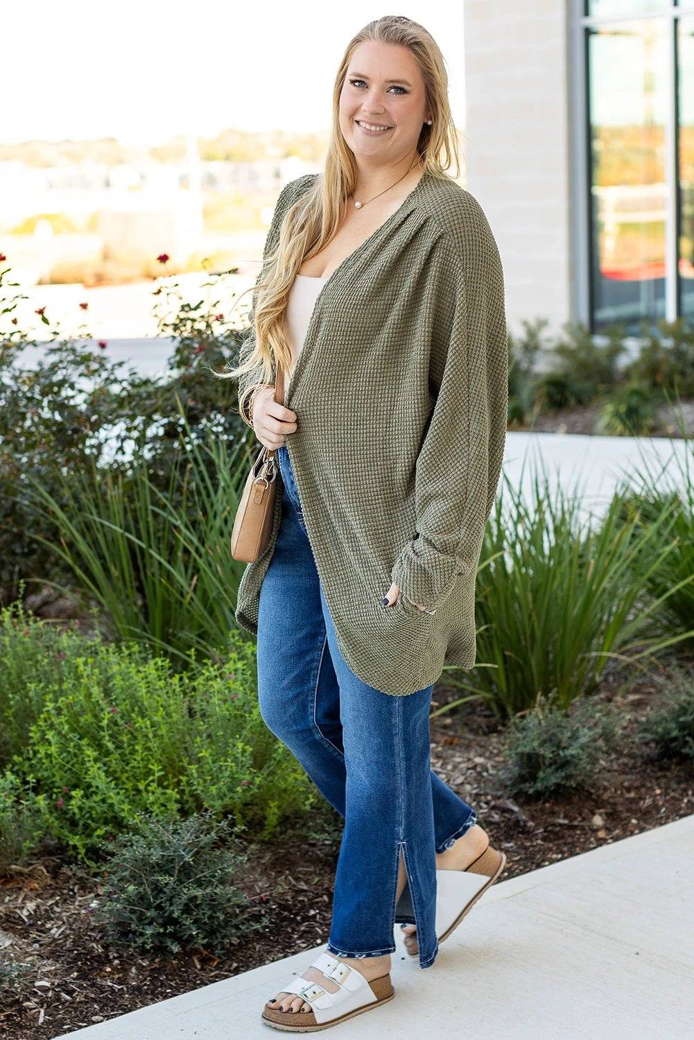 Plus size seagrass waffle knit cardigan with drop shoulder and open front pockets