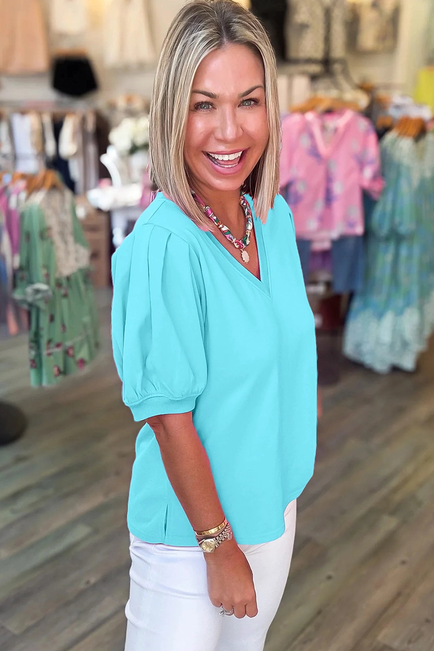 mint green solid color v neck short puff sleeve blouse for women casual everyday outfit