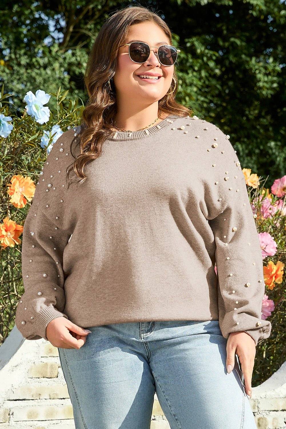 Plus size pearled drop shoulder sweater knit in smoke gray with delicate pearl embellishments for cozy confidence