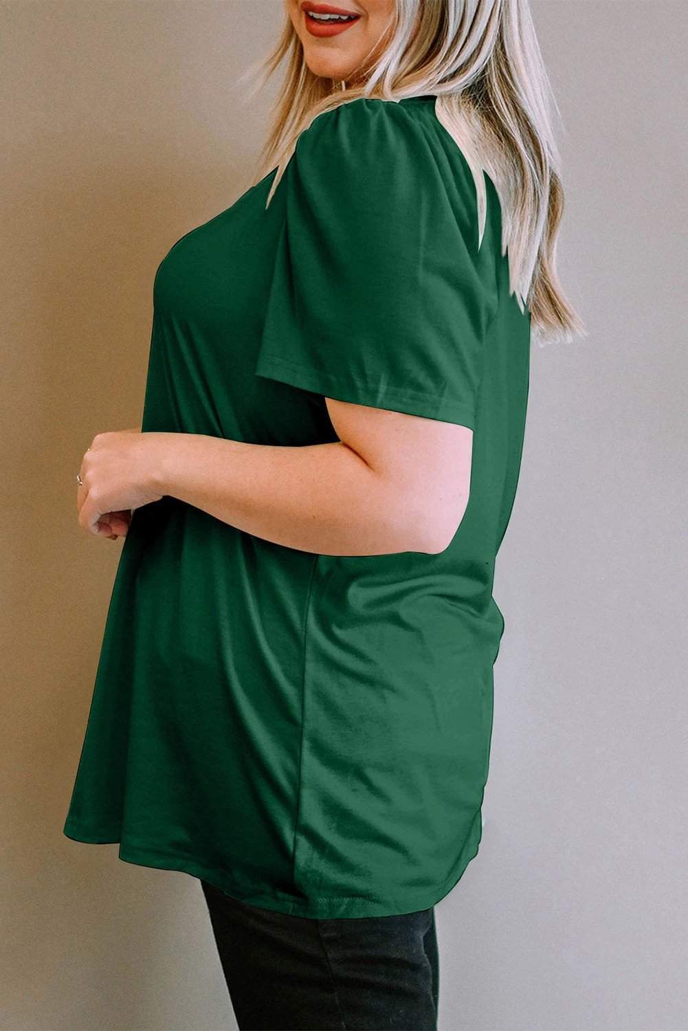 Dear-Lover Dropshipping Green Plus Size Square Neck Ruched Shoulder Short Sleeve Top - Plus Size/Plus Size Tops/Plus Size Tops & Tees