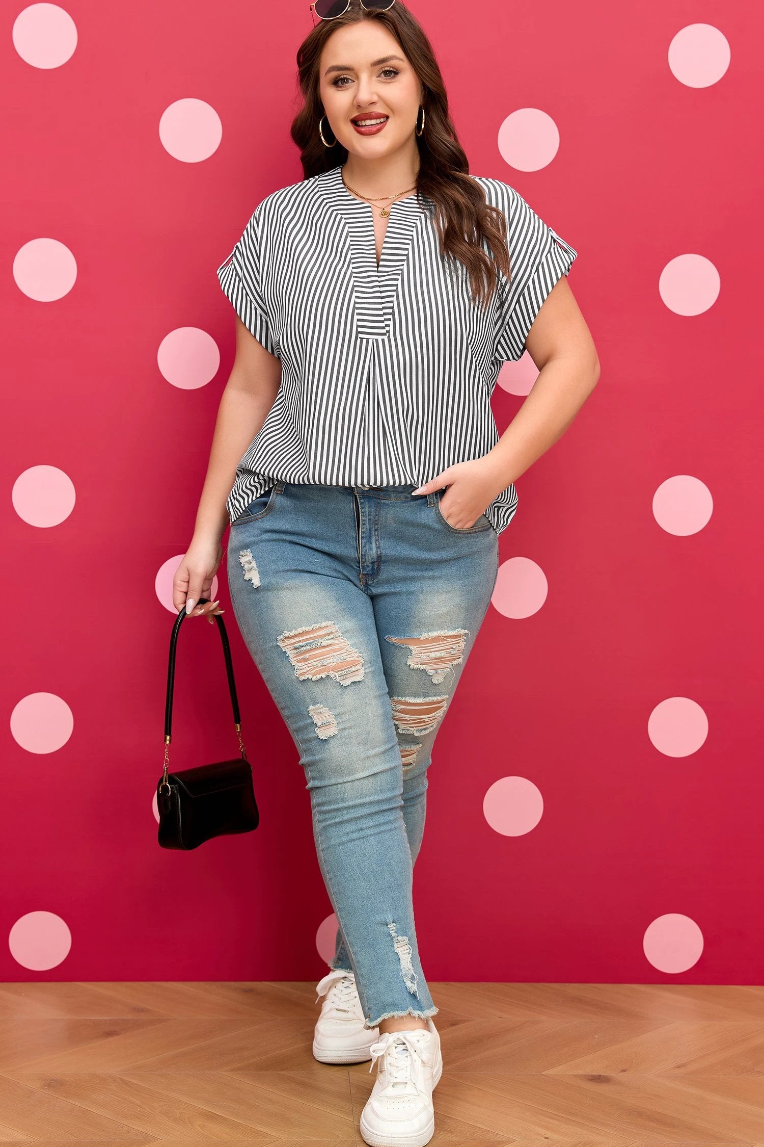 Dear-Lover Dropshipping Black Stripe Plus Size V Neck Roll-tab Short Dolman Sleeve Blouse - Plus Size/Plus Size Tops/Plus Size Blouses & Shirts