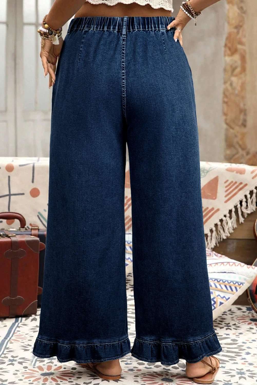 Plus Size Wide Leg Denim Pants with elastic waist and ruffled detail