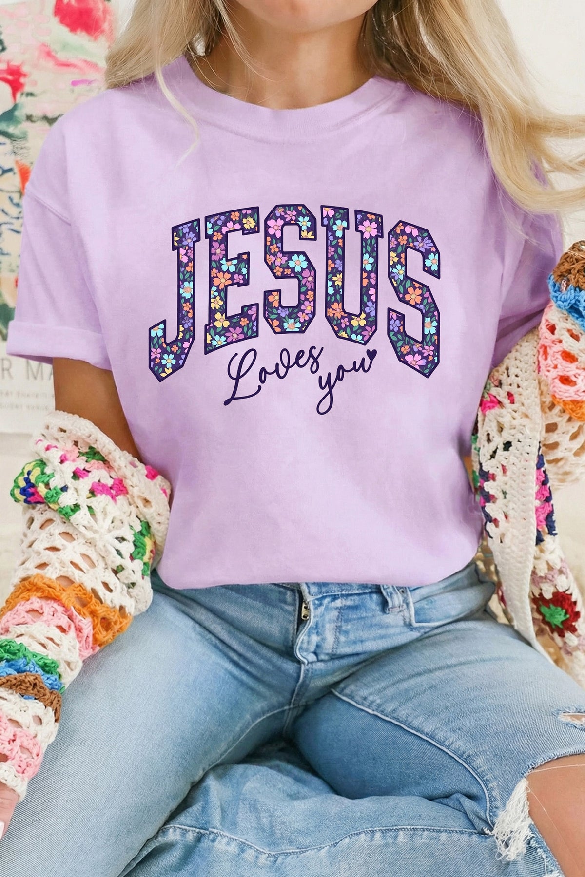 Christian Floral Letter Graphic Round Neck T-Shirt