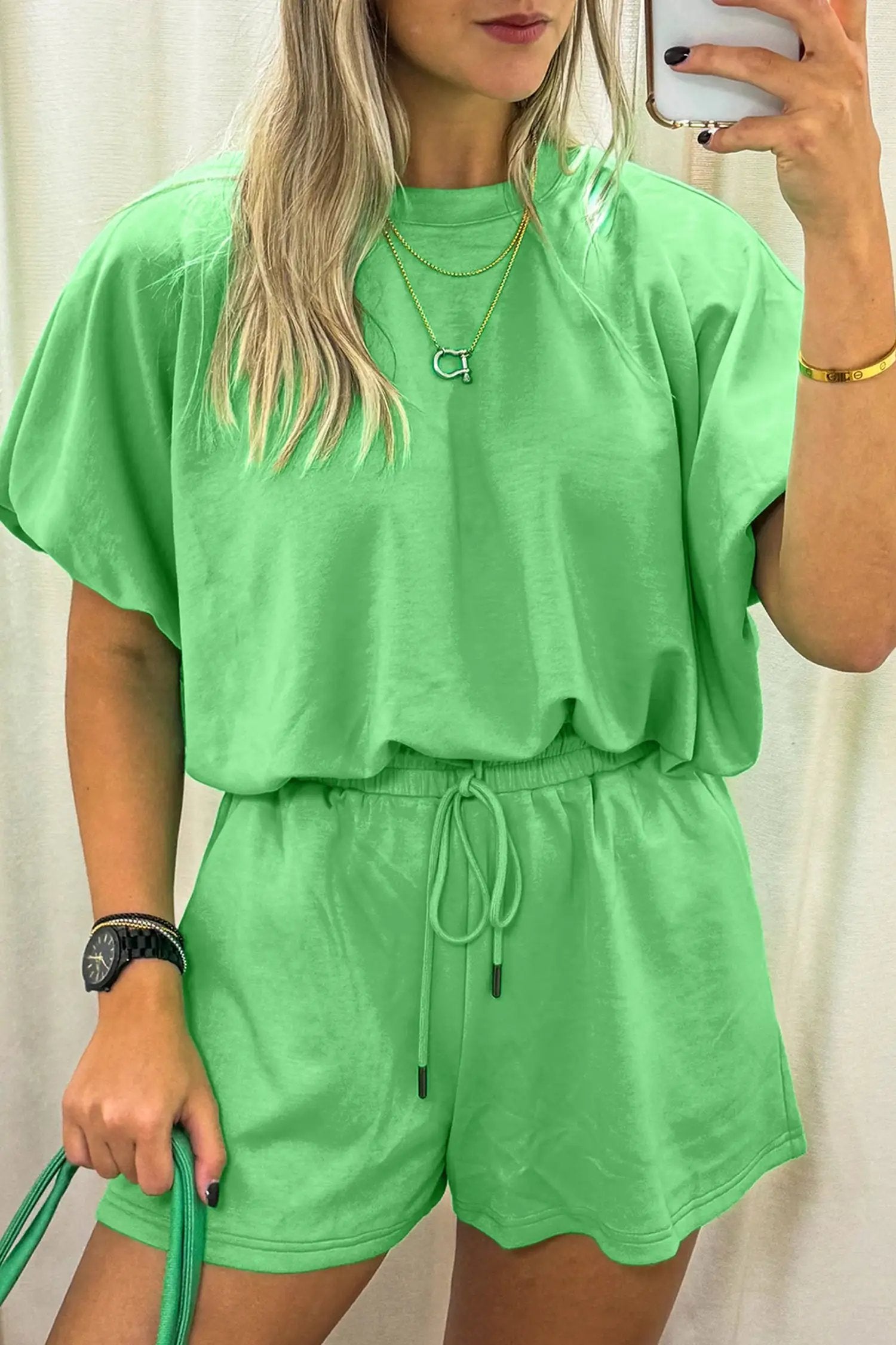 green solid color puffy loose top drawstring shorts 2pcs outfit for women casual everyday outfit