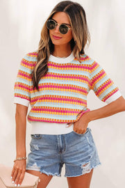 Abstract Striped Knit Short Sleeve Sweater — women's everyday bottoms | J&H Apparel