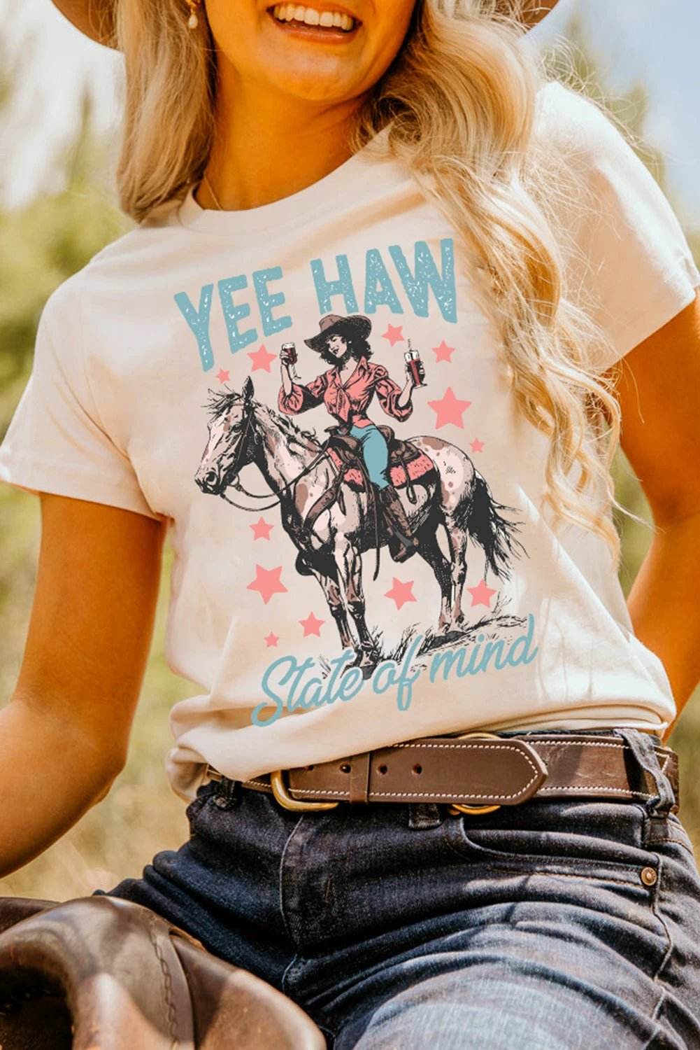 White Yee Haw State Of Mind cowgirl graphic tee with pastel accents and relaxed fit