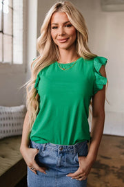 Dark green embroidered ruffle-sleeve slim-fit crew-neck top for women