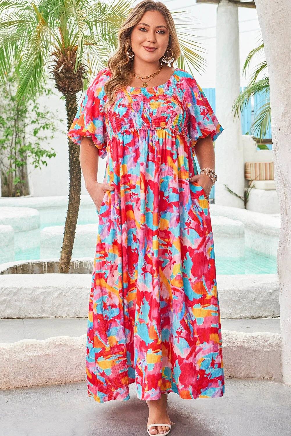 rose abstract printed puff sleeve square neck smocked bust tied back plus size dress for women casual everyday outfit