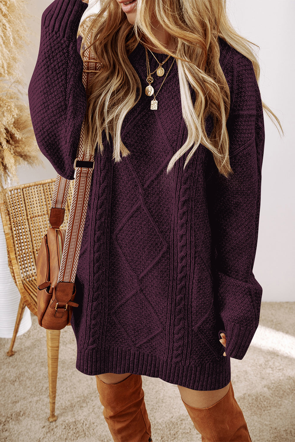 Cable Knit Drop-Shoulder Loose Fit Sweater Dress