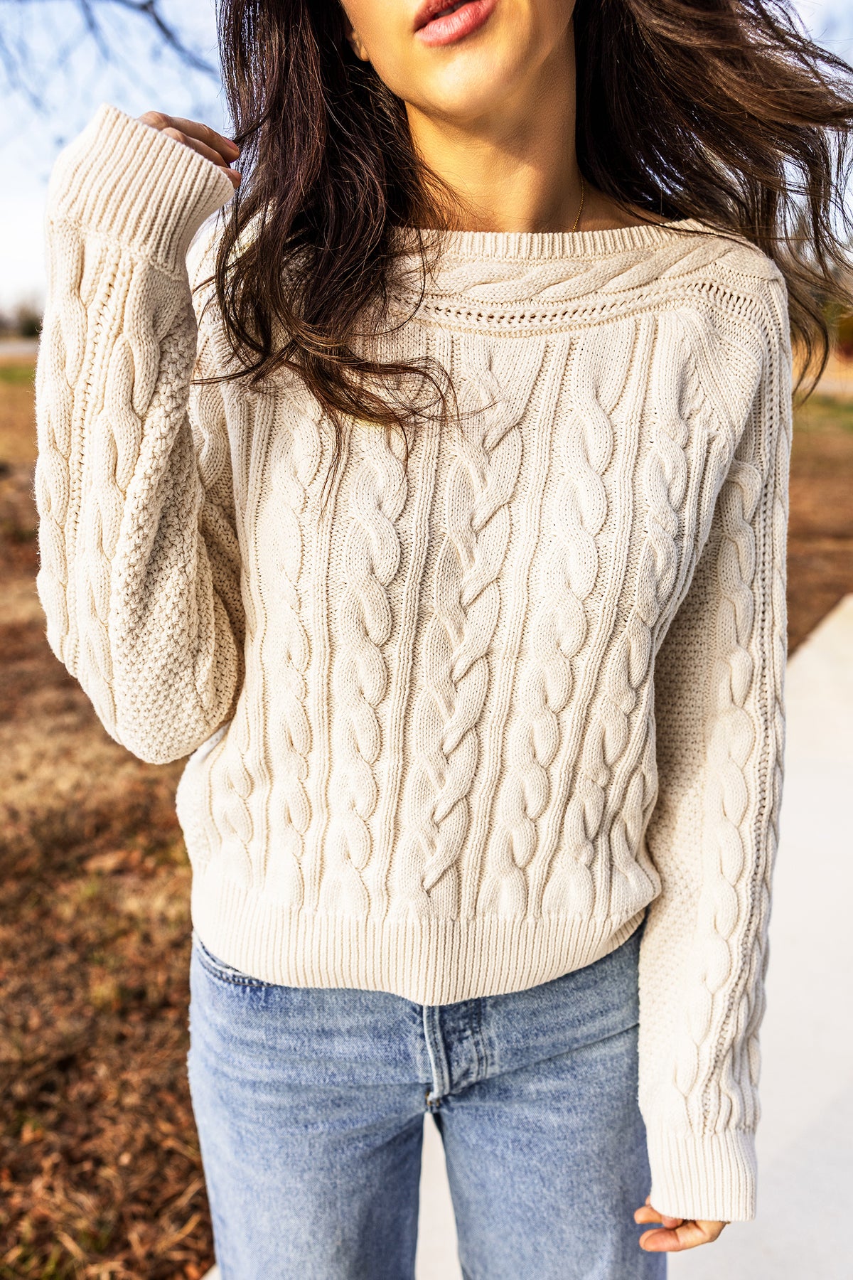 Drop-Shoulder Round Neck Cable Knit Sweater