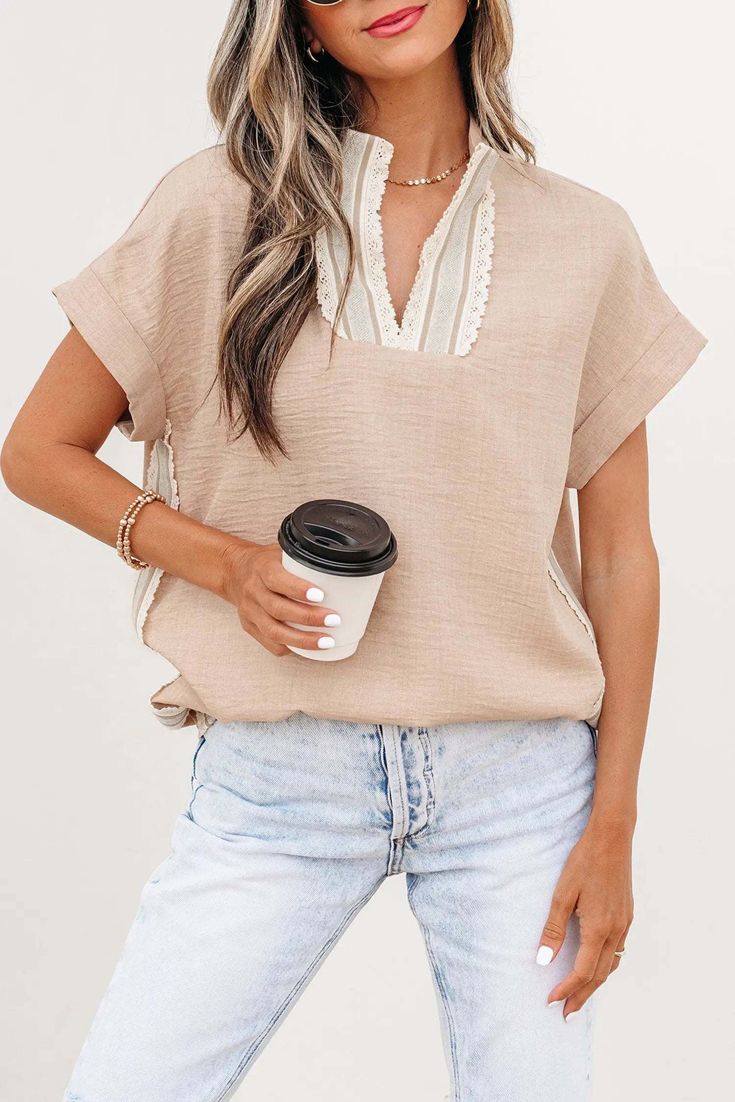 J&H Apparel Crochet Lace Accent Pullover Rolled Short Sleeve Blouse - Blouses Tops/Blouses & Shirts