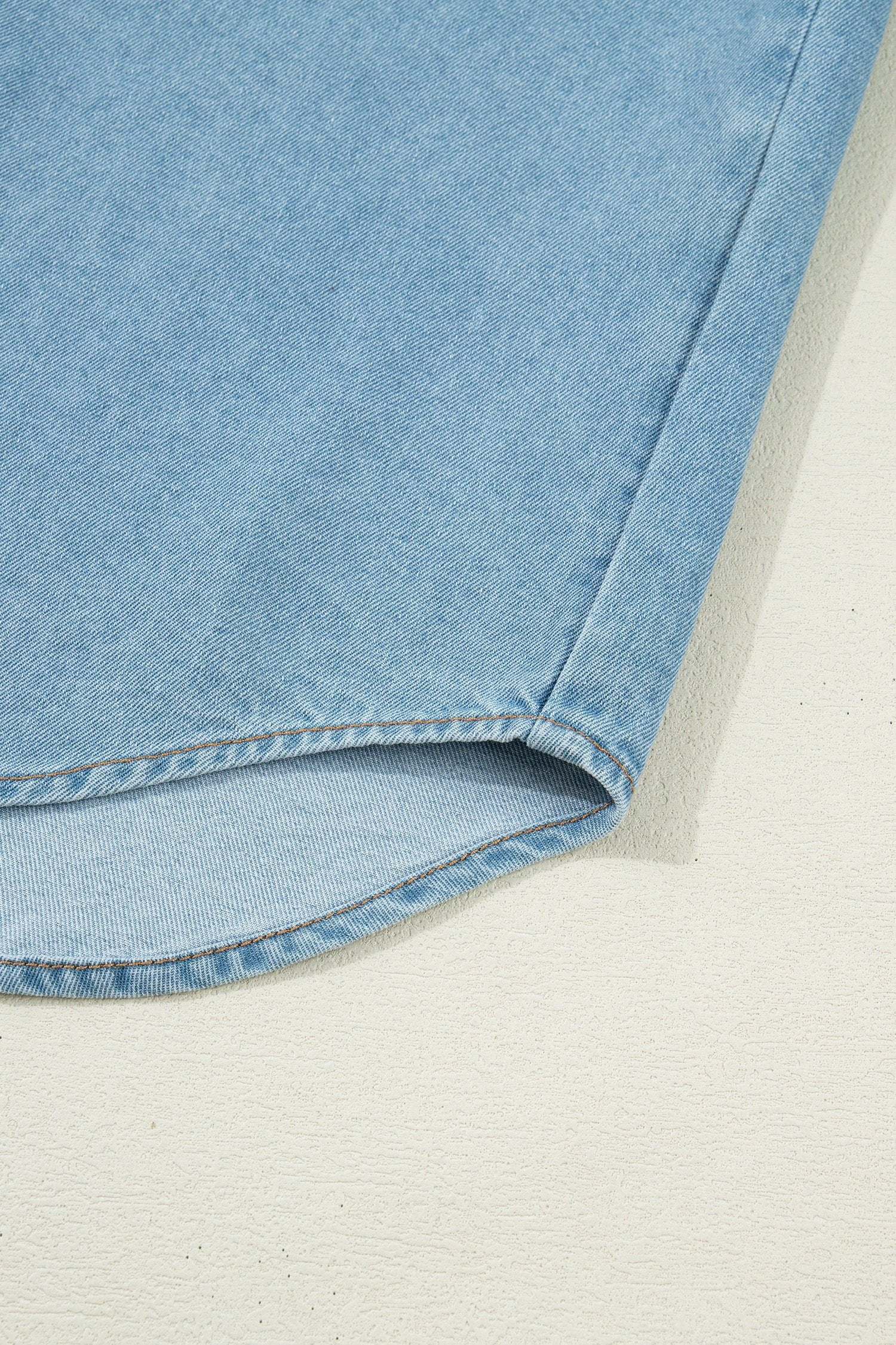 denim ruffle detail short puff sleeve button down flap pocket denim shirt for women casual everyday outfit