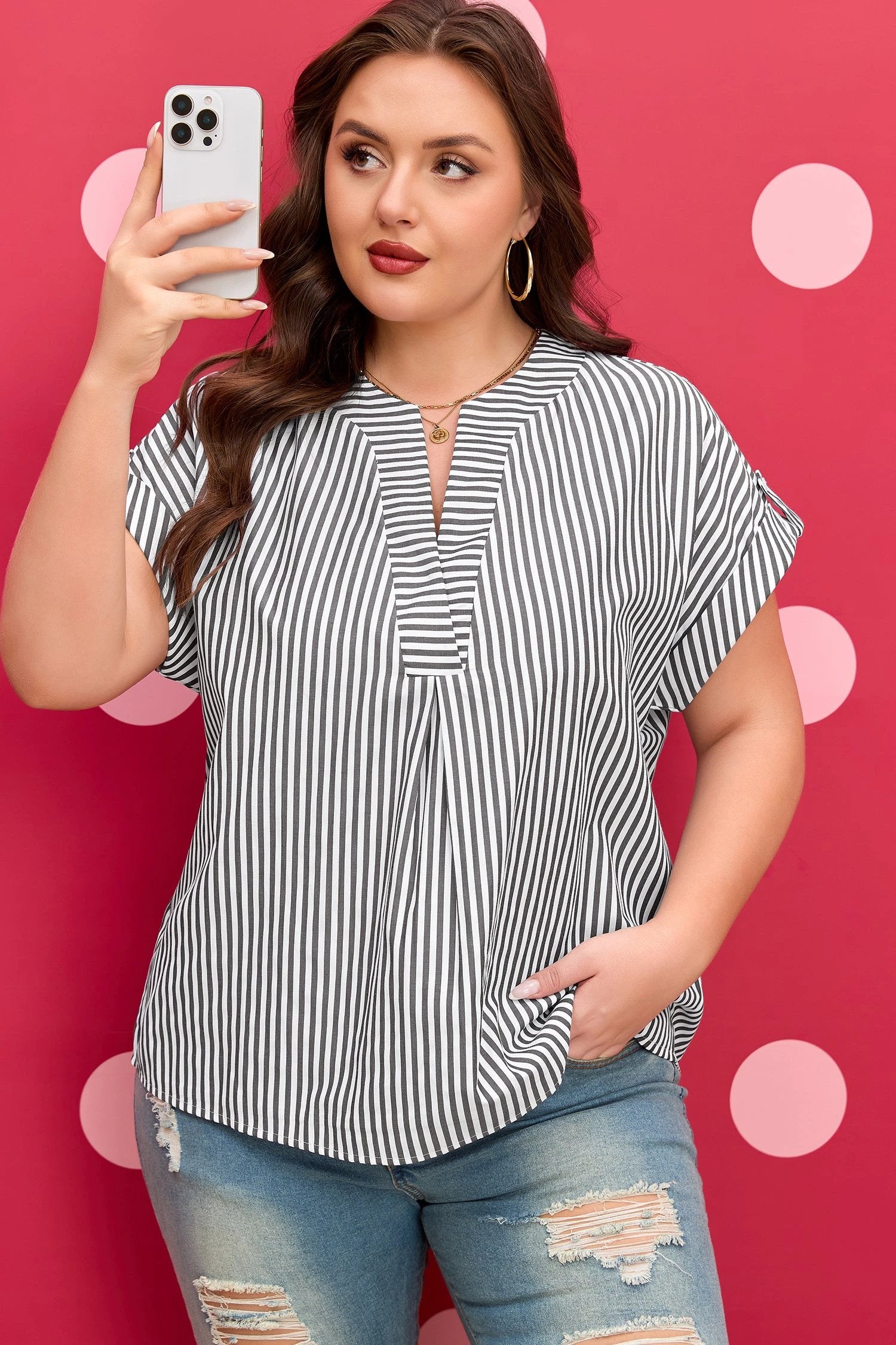 Dear-Lover Dropshipping Black Stripe Plus Size V Neck Roll-tab Short Dolman Sleeve Blouse - Plus Size/Plus Size Tops/Plus Size Blouses & Shirts