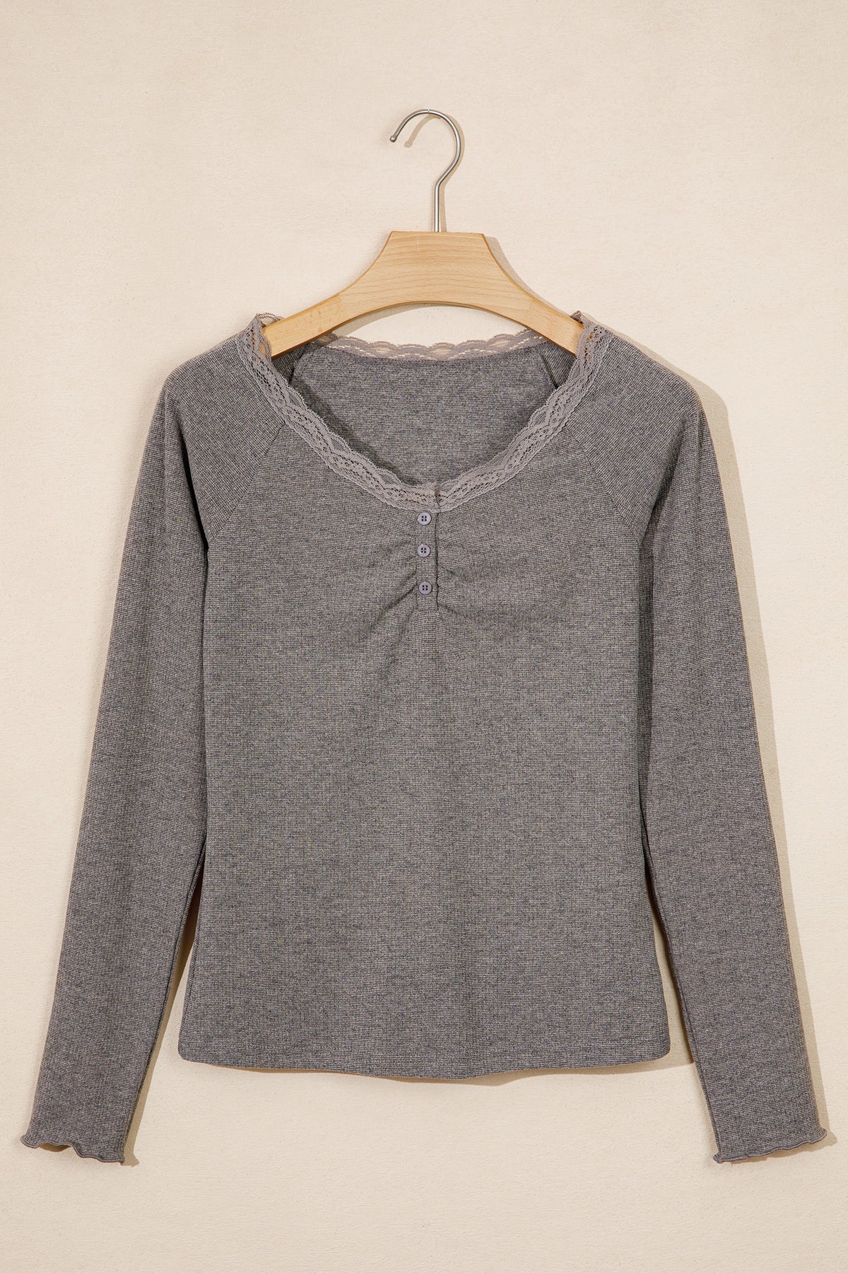 Solid Color Ribbed Lace Trim V-Neck Button Detail Long Sleeve Top