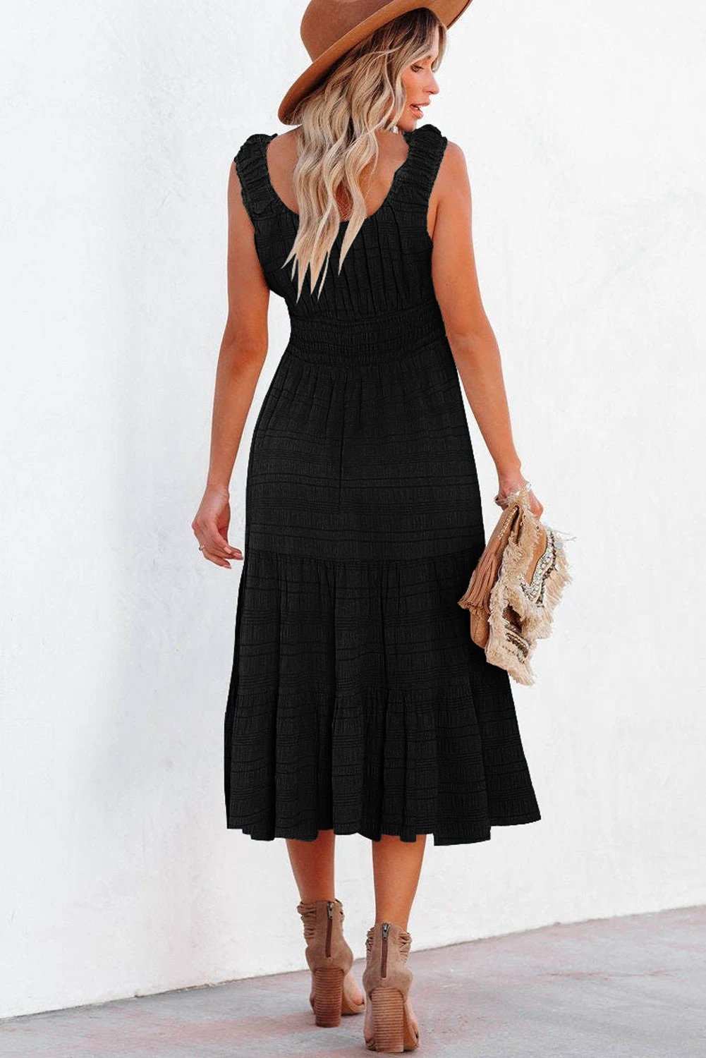 Sleeveless Midi Dress with shirred pleated square-neck bodice and tiered skirt