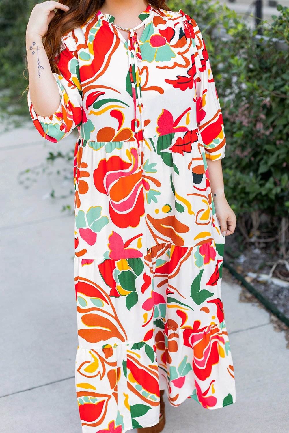 orange floral print drawstring v neck tiered plus size dress for women casual everyday outfit
