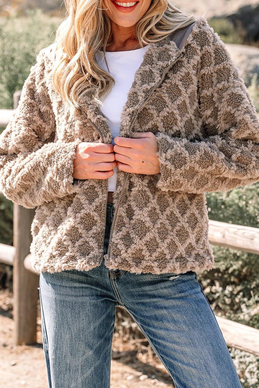 Cozy Confidence sherpa rhombus zip-up hooded bomber jacket with side pockets