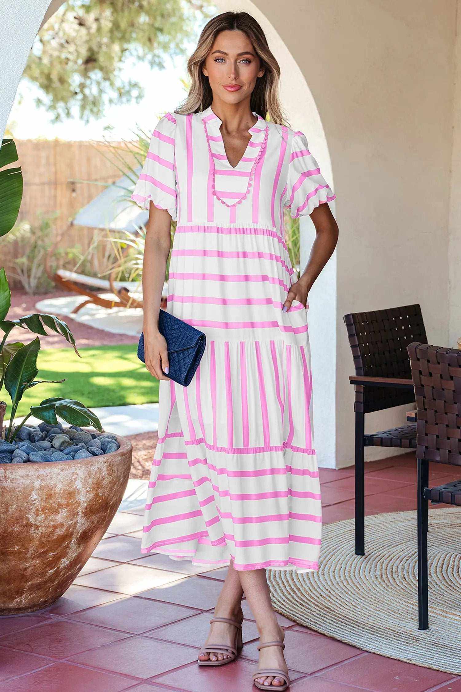 Stripe Ricrac Trim Maxi Dress with notched neck and half sleeves