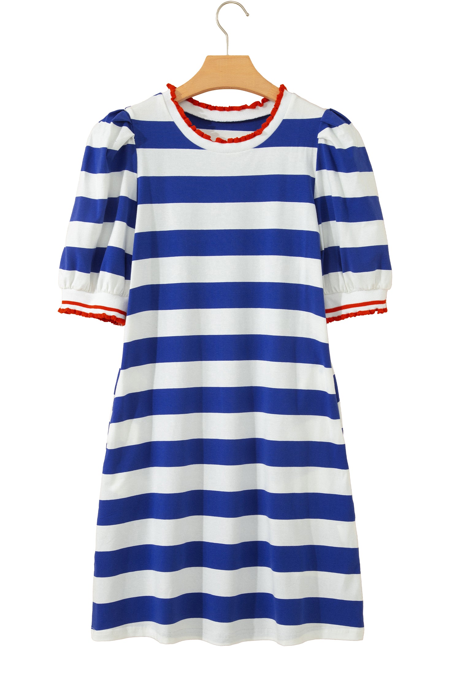 Stripe Contrast Trim Round Neck Short Puff Sleeve Shift Mini Dress — everyday dress for women | J&H Apparel