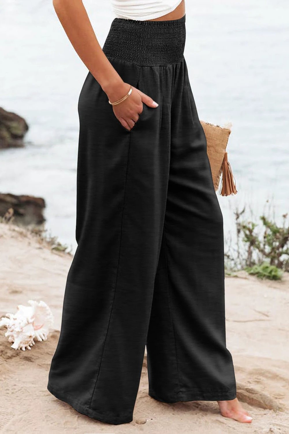 black shirred high waist plus size wide leg pants for women casual everyday outfit