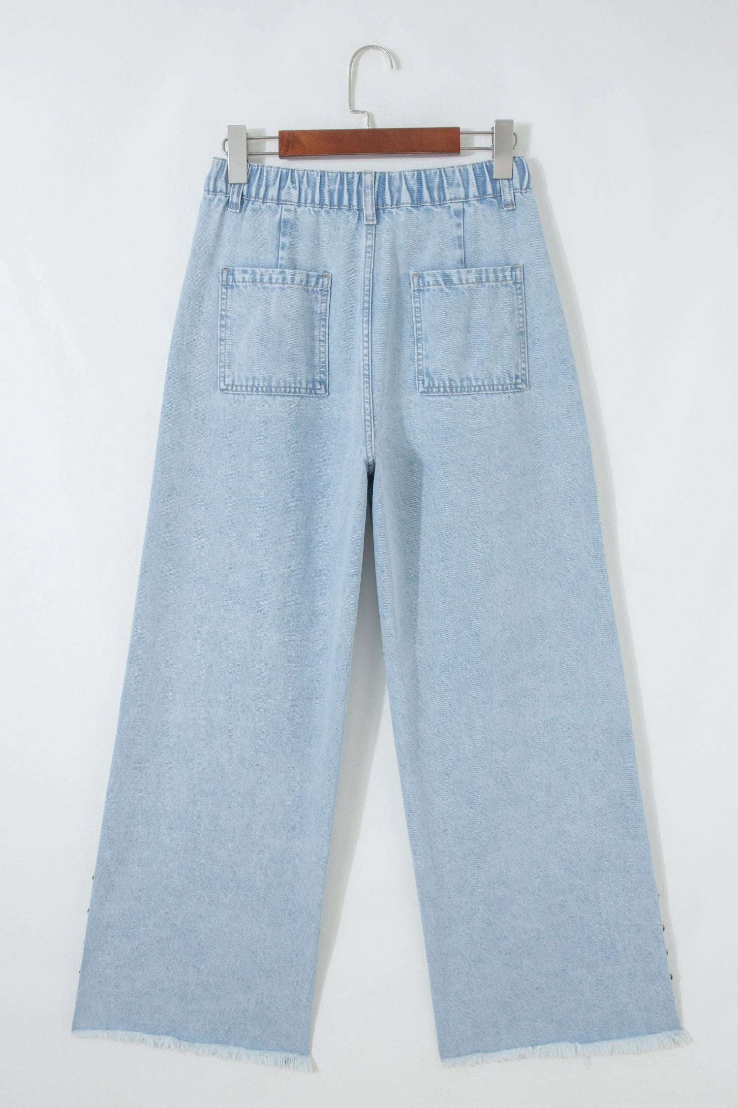 Soft Denim Blue studded side slit leg frayed pocketed wide leg jeans for women casual everyday outfit
