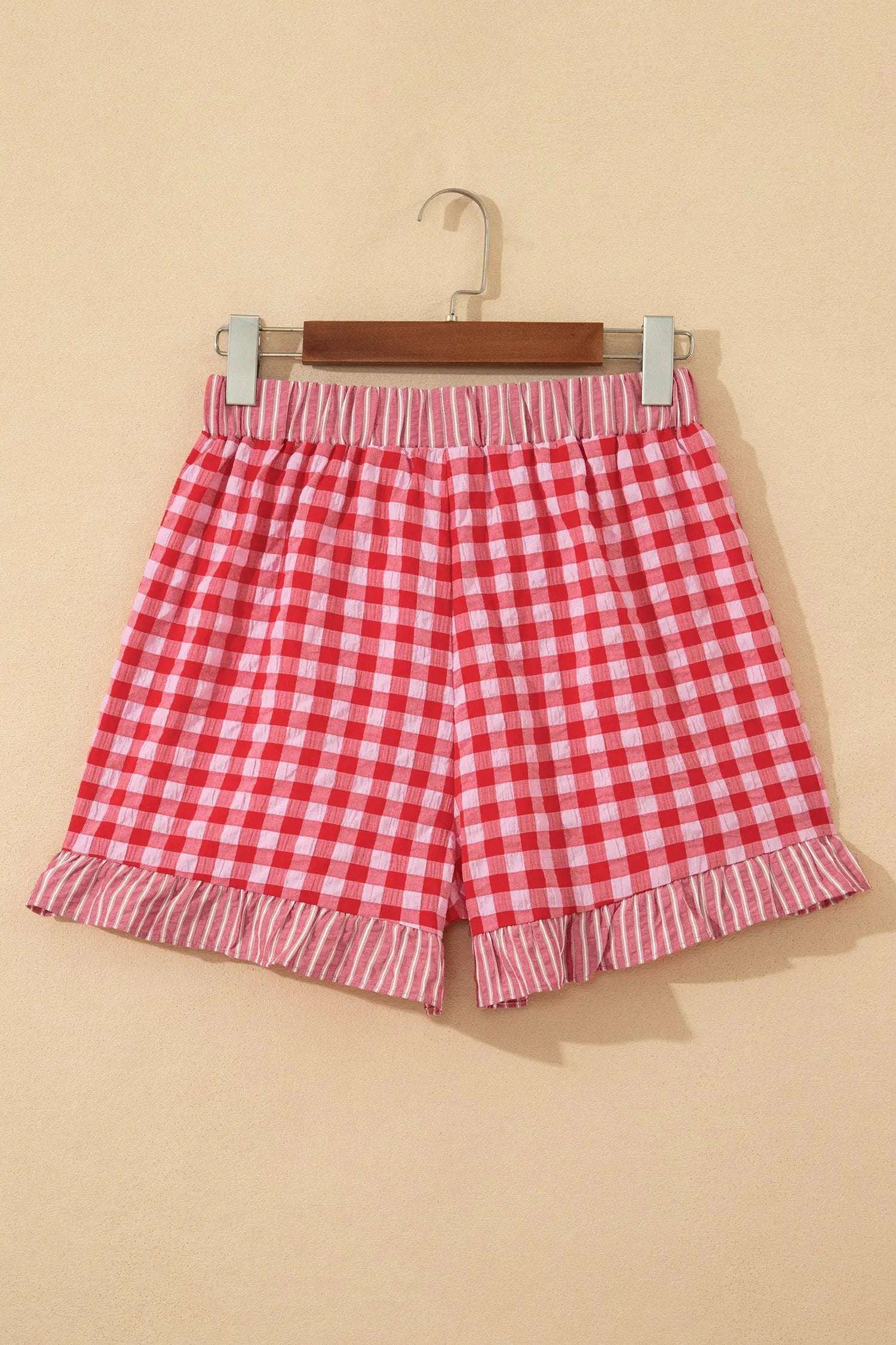 Gingham ruffle hem shorts with lace tie waist and elastic back waistband for casual chic weekend wear