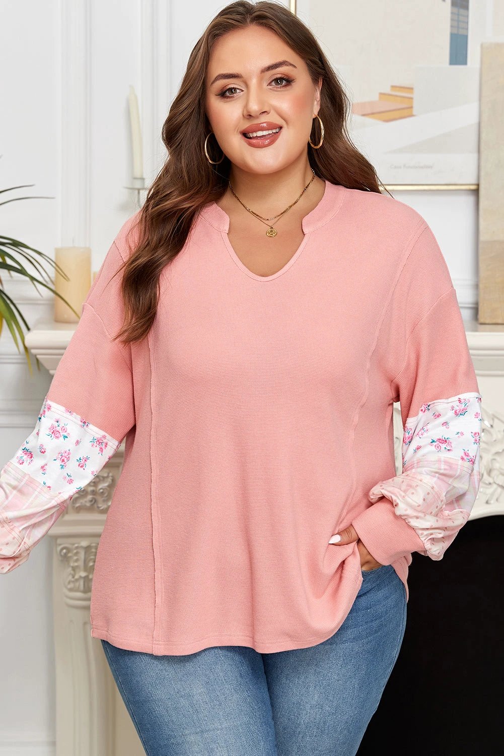 Plus Size Floral Sleeve Waffle Knit Top
