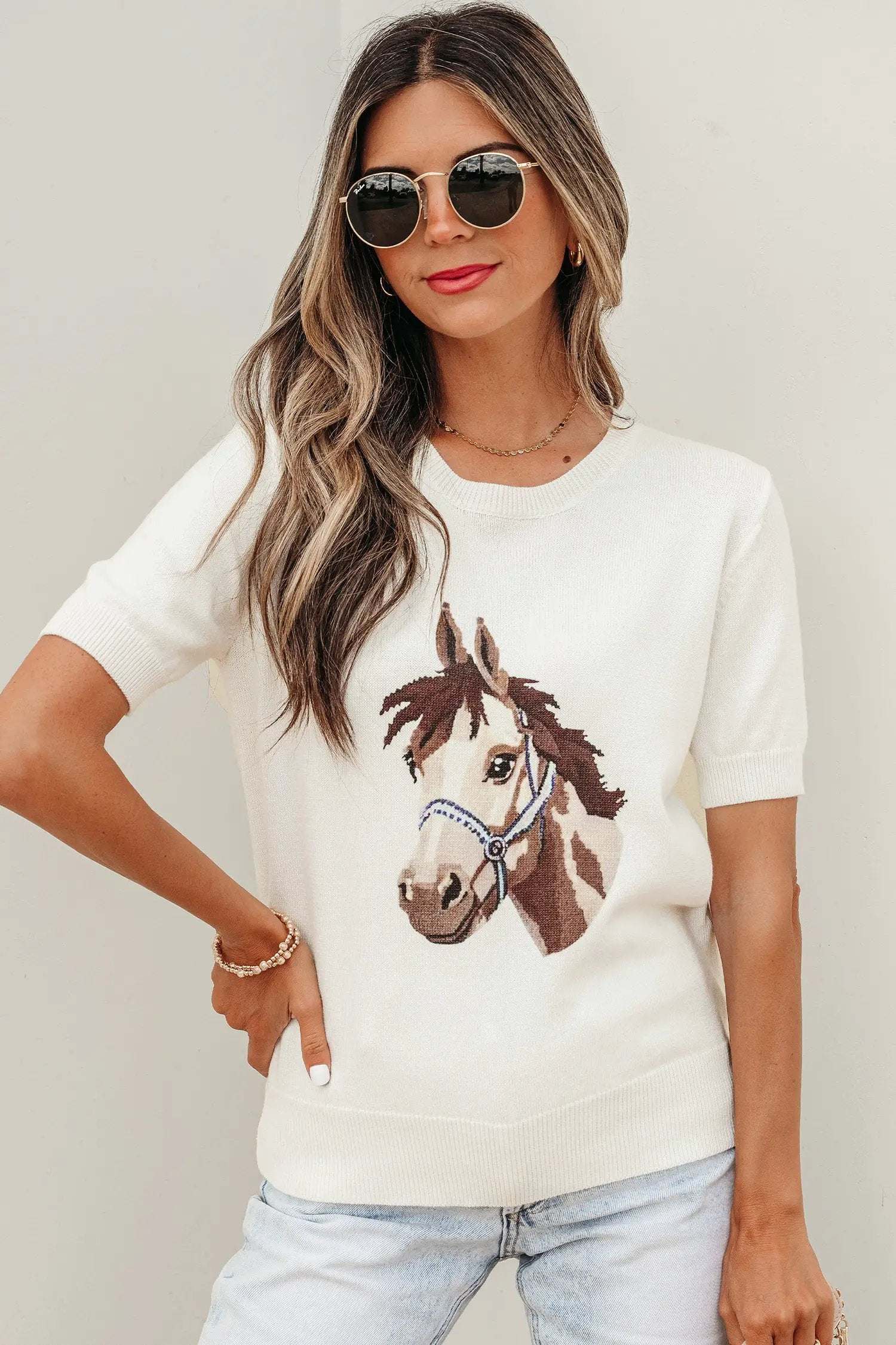 J&H Apparel White Wild West Horse Head Printed Short Sleeve Sweater - Sweaters Sweaters & Cardigans/Short Sleeve Sweaters