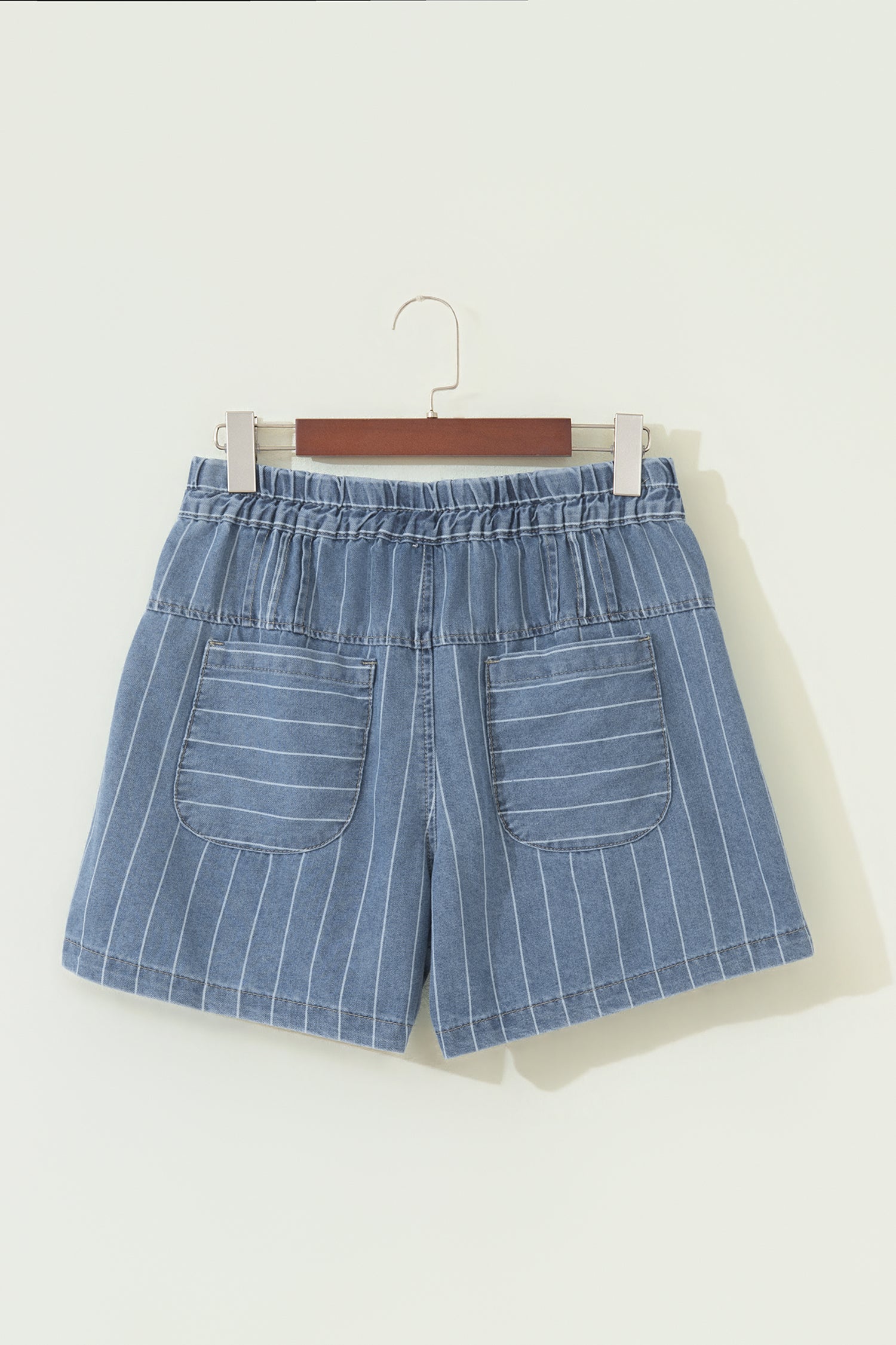 Stripe Drawstring Button Pleated High-Waisted Denim Shorts — women's everyday bottoms | J&H Apparel