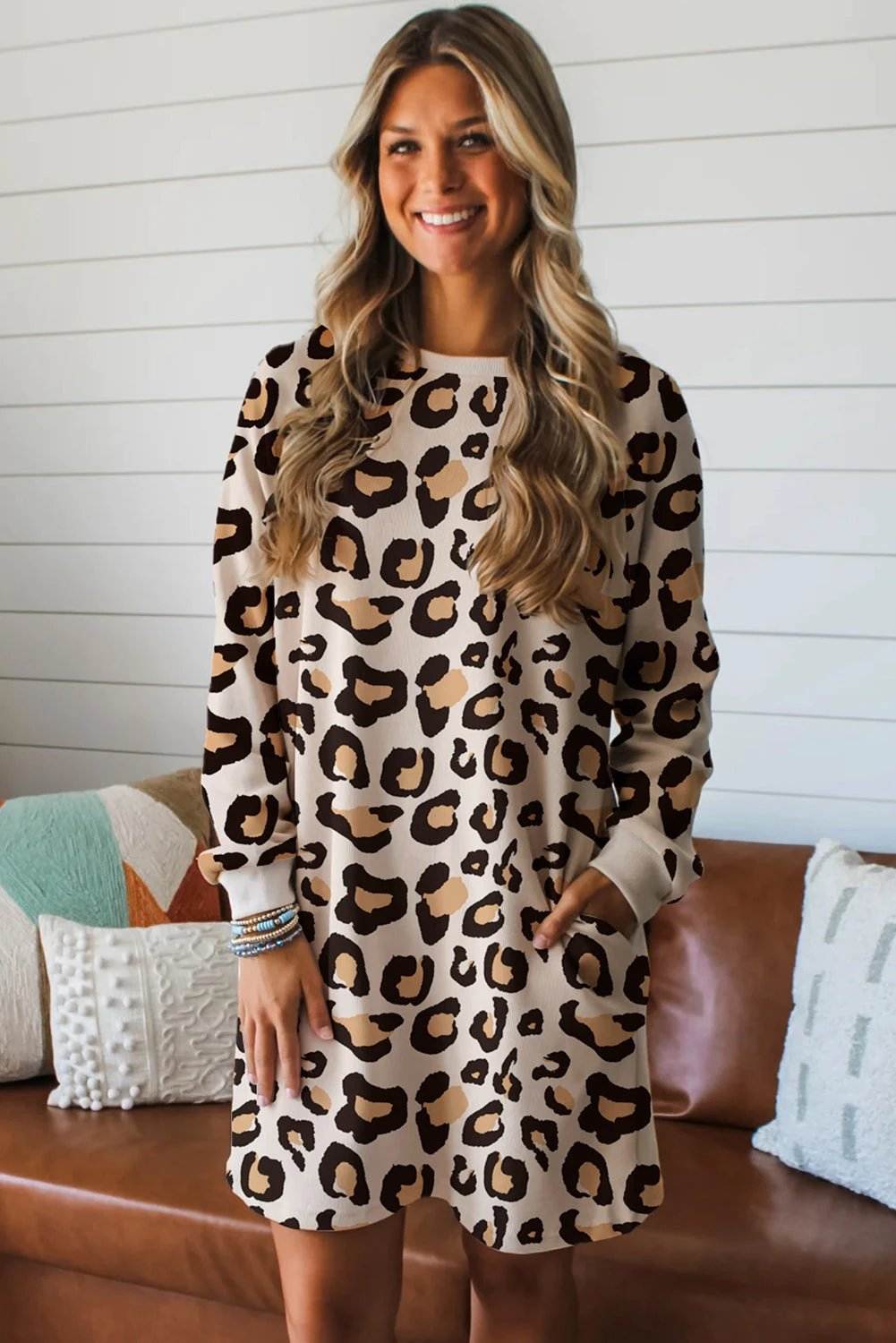 khaki leopard long sleeve shift t shirt dress with pockets for women casual everyday outfit