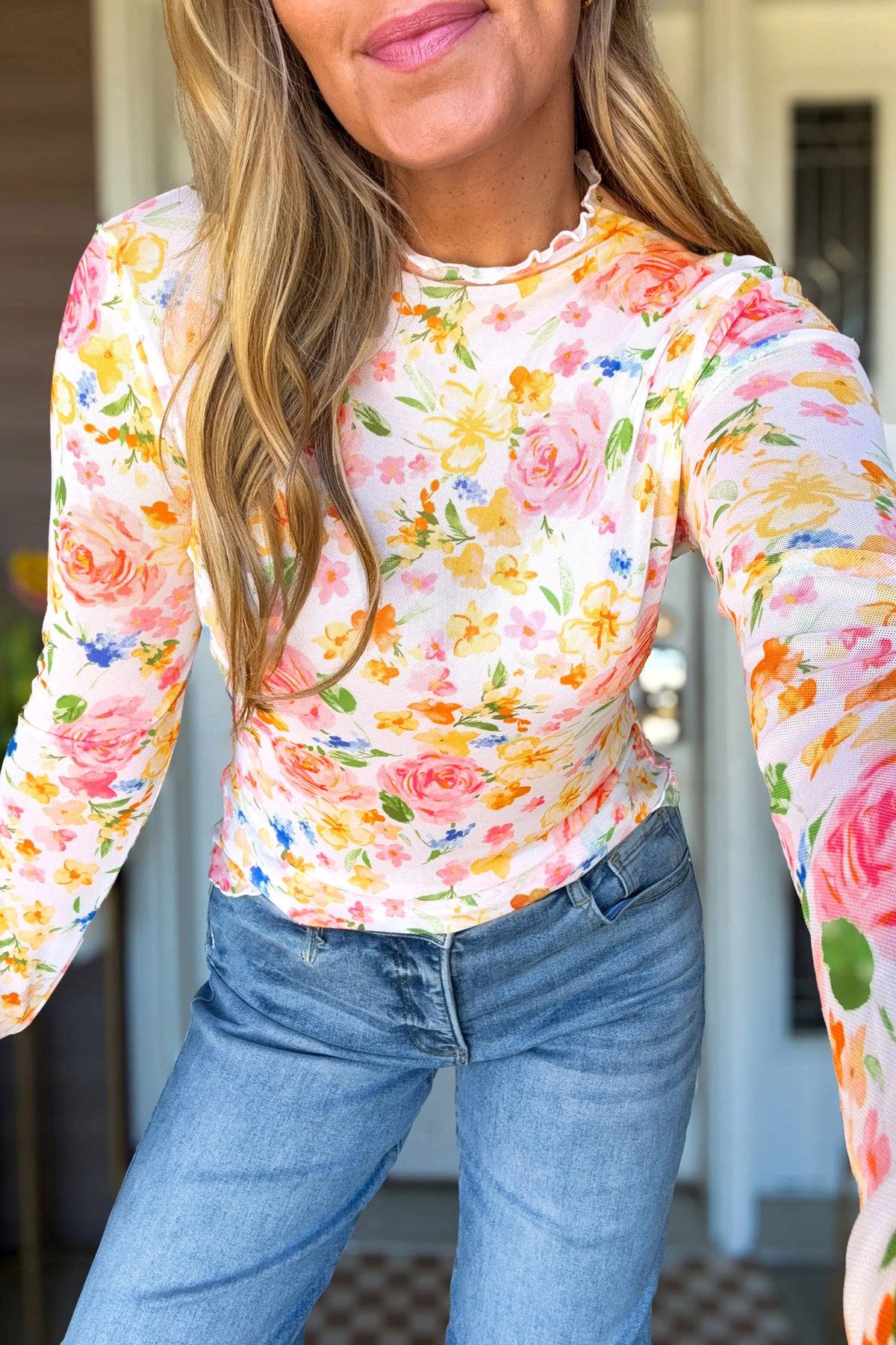 Lettuce Trim Floral Print Sheer Mesh Long Sleeve Top