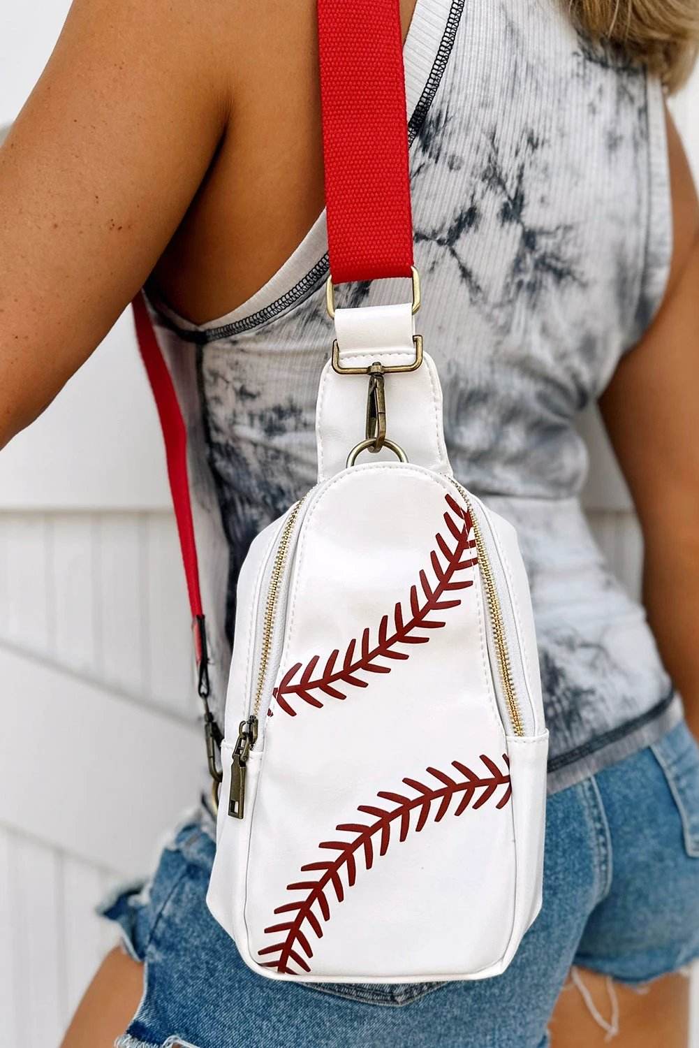 racing red balls pattern pu leather zipped sling bag for women casual everyday outfit