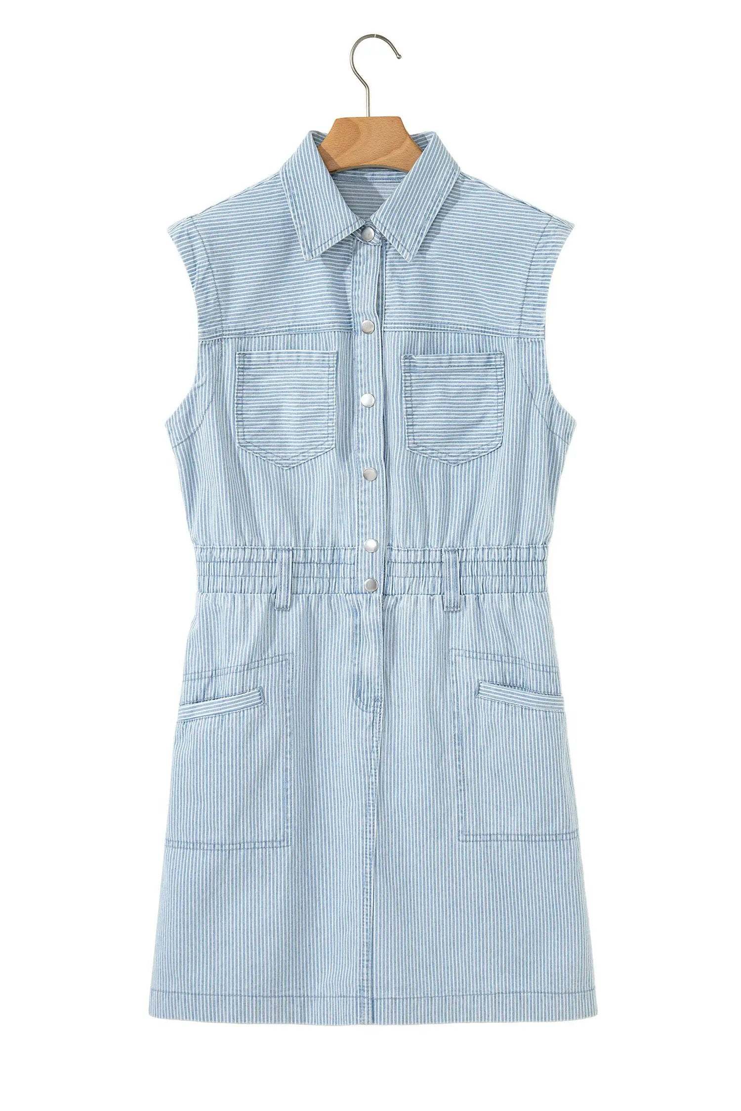 J&H Apparel Sky Blue Stripe Collared Button Front Sleeveless Denim Mini Dress - Dresses Dresses/Mini Dresses