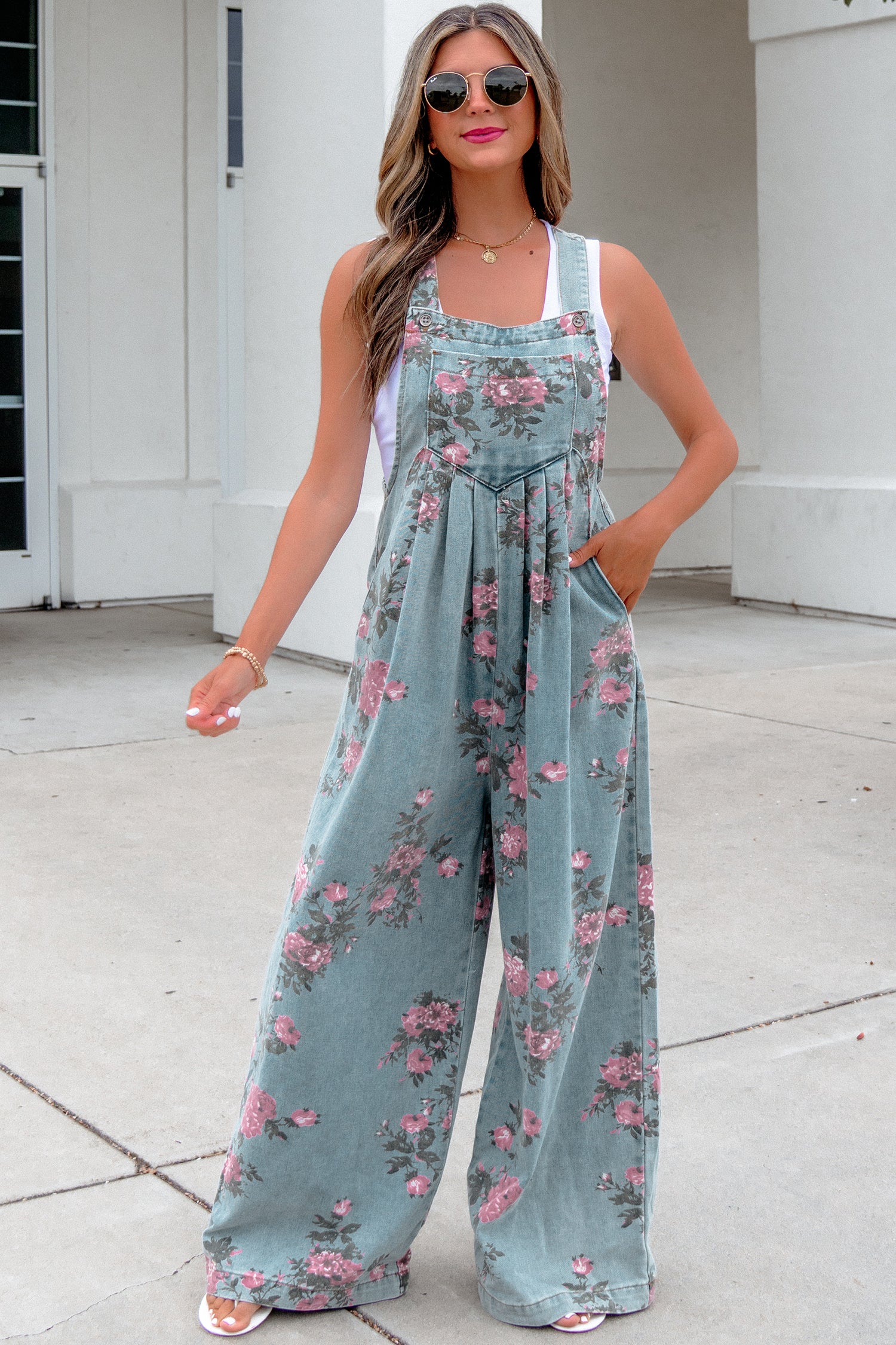 Floral Print Pleated High-Waisted Wide-Leg Denim Jumpsuit — everyday dress for women | J&H Apparel