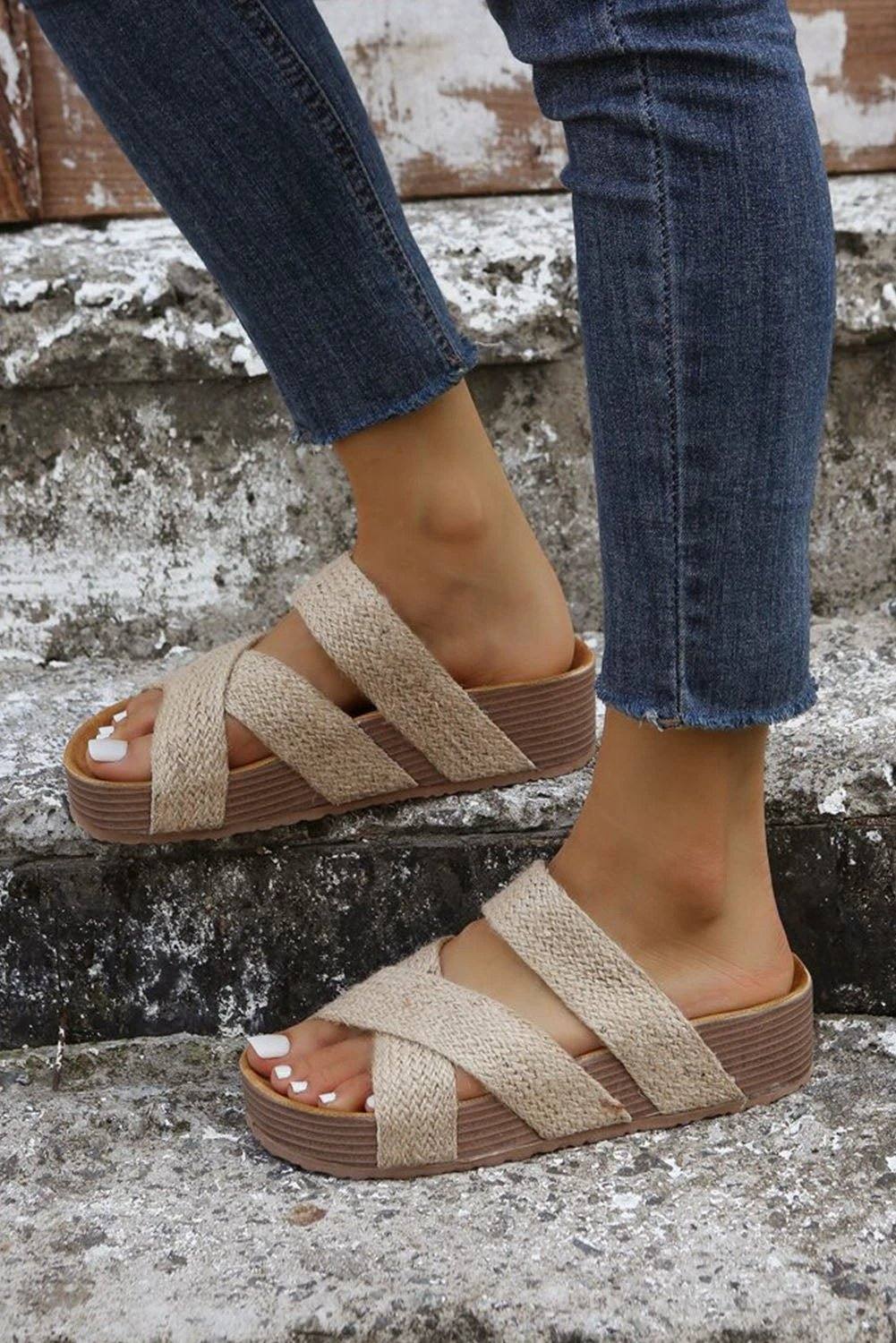Woven criss-cross slip-on sandals with hollowed breathable straps and cushioned footbed for everyday comfort