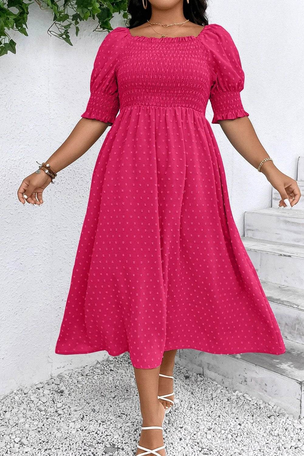 Plus size Sunday Ready Swiss dot dress with smocked bodice and frilled neckline in wisteria